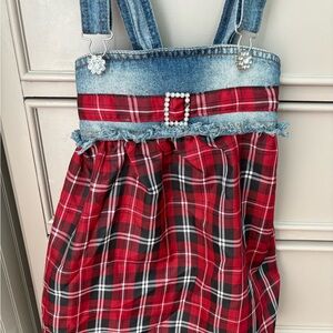Christmas Holiday plaid Greggy girl. Denim Kids Dress rhinestone size 5
